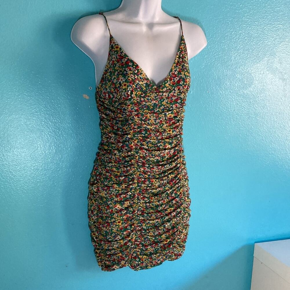 Urban Outfitters Size S Ruched Lined Strappy Mini Bodycon Yellow & Green Floral